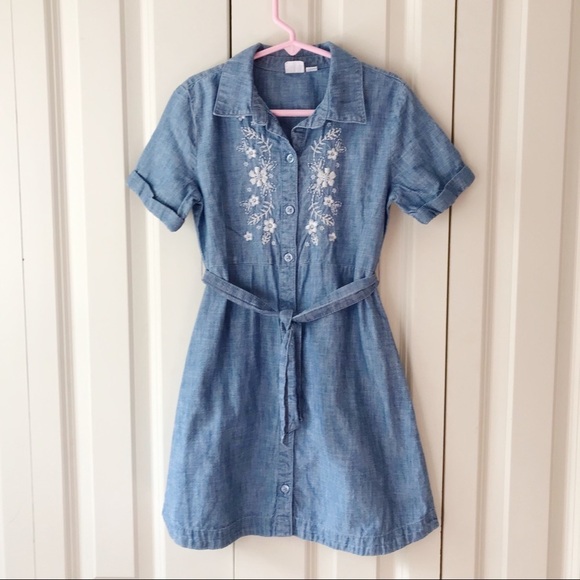 GAP Kids Blue Denim Chambray Shirt Dress with White Floral Embroidery & Belt - Picture 1 of 8